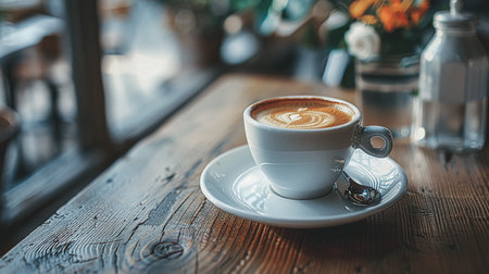 A white coffee cup on a wooden table in a coffee shop.の写真素材