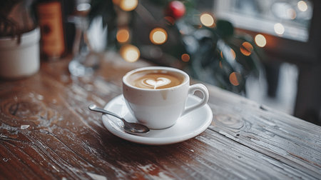 A white coffee cup on a wooden table. aestheticの写真素材