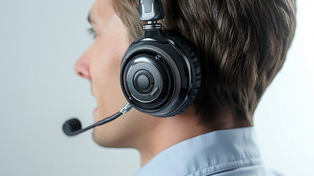 Close up of a man call center worker in headphones with microphone to talk with clients on the phone.の写真素材