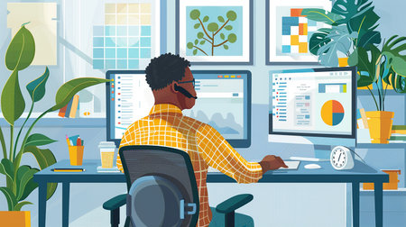 Illustration of a man working in a call center with computerの写真素材