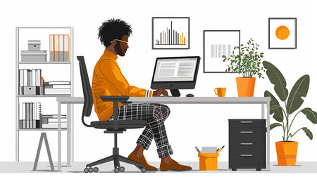 Illustration of a Man Working on Computer in a modern officeの写真素材