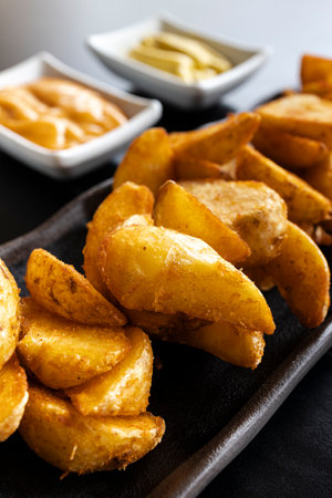 closeup of some deluxe fries in a restaurant with different saucesの写真素材