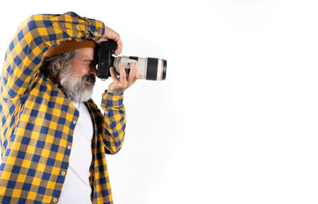 Bearded man, content creator, taking a profile photo on a white or transparent backgroundの写真素材