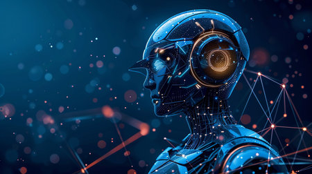 a close up of a robot's face in front of a blue and black background with lines and dots.の写真素材