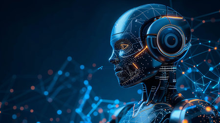 a close up of a robot's face in front of a blue and black background with lines and dots.の写真素材