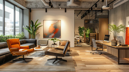 Stylish modern studio interior with pastel colors and wooden elements. furnitureの写真素材