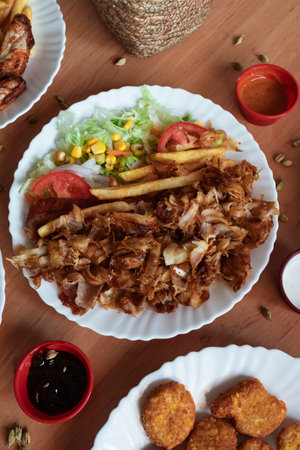 Top view of doner kebab, variety of dishes of Asian originの写真素材