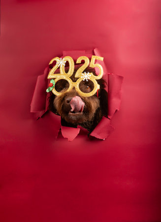 Cute spaniel with festive 2025 glasses running through red background. Happy New Year