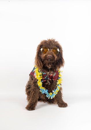 Brown spanish water dog wearing hawaiian shirt, colorful garland and sunglasses, sitting and posing...