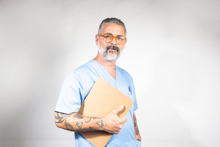 Confident doctor holding medical chart, healthcare professional with clipboardの写真素材