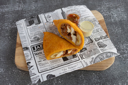 Golden fried empanada cut in half, revealing a savory beef and sweet plantain filling, served with saucesの写真素材