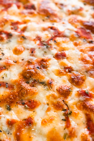 Melted mozzarella cheese and rich tomato sauce covering a classic Italian pizza surface