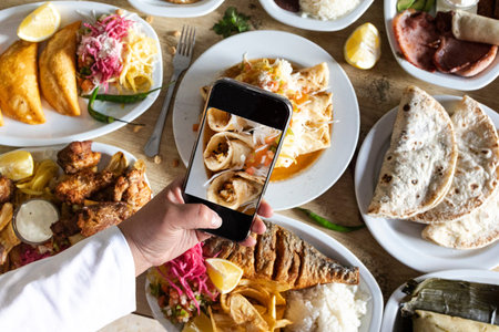 Hand holding smartphone taking picture of a table full of latin food