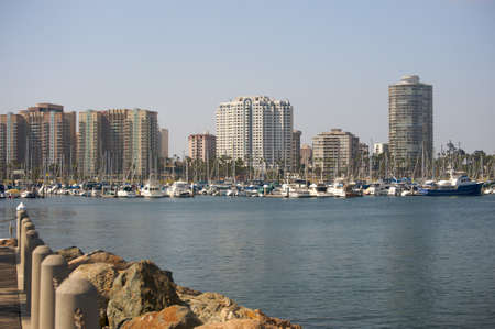 Panoramic of Downtown Long Beach from the ocean, during a cloudy dayの写真素材