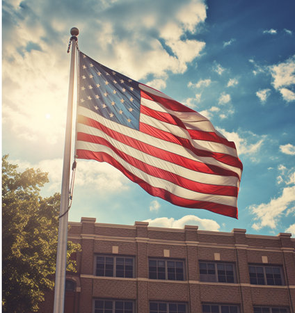 sunny picture of an american flag at a schoolの素材