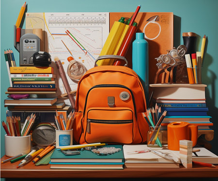 School supplies on the table. Back to school concept. 3d renderingの素材