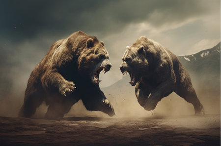Grizzly bears fighting in the desert. 3d renderingの素材