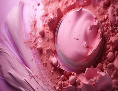 Beautiful makeup products on color background, closeup. Space for textの素材