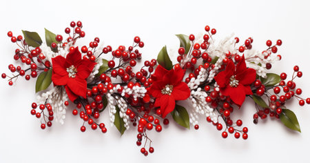 Christmas decoration with poinsettia and berries on white background.の素材