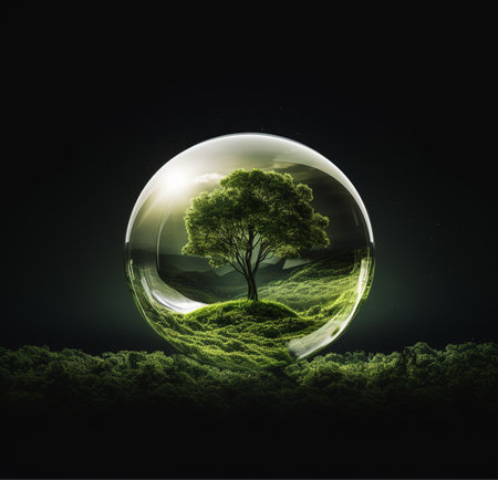 Conceptual image with green planet and tree inside a glass sphereの素材