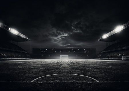 Soccer stadium at night with lights. Mixed media. Mixed mediaの素材