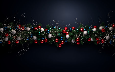 Christmas tree with colorful baubles and garlands on dark backgroundの素材