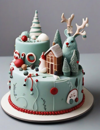Merry Christmas and Happy New Year cake with reindeer and houseの素材