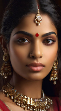 Portrait of a beautiful indian woman in traditional dress and jewelryの素材