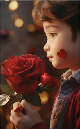 Little boy with a red heart on his face holding a red roseの素材