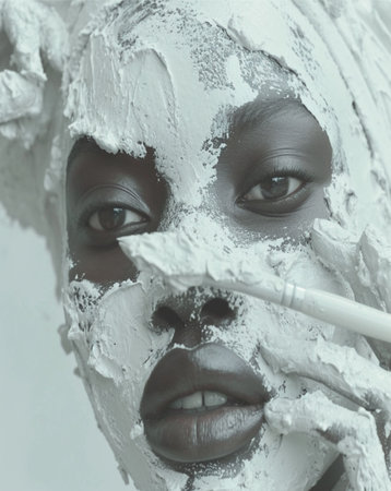 Close up portrait of beautiful african american woman with facial maskの素材