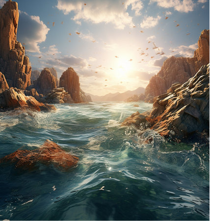 Beautiful seascape with rocks and sea. 3d renderの素材