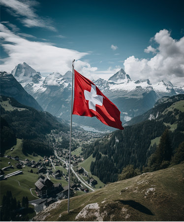 Swiss flag waving in the wind on the background of mountains.の素材