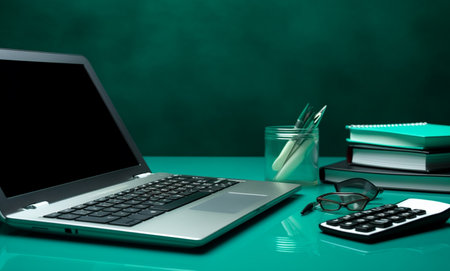 Office desk table with laptop, supplies and coffee cup on green backgroundの素材