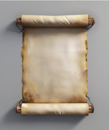 Old paper scroll isolated on grey background. 3d render illustration.の素材