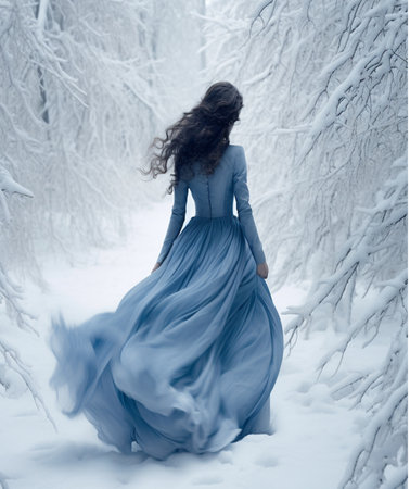 A young woman in a blue dress walks in the winter forest.の素材