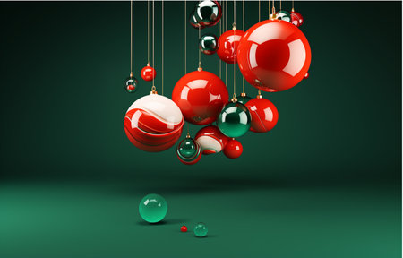 3d rendering of christmas balls hanging on a green background.の素材