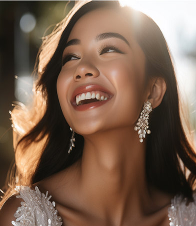 Close up portrait of beautiful young asian woman with makeup and earrings.の素材