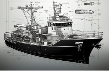 3D model of a fishing boat on the background of technical drawingsの素材
