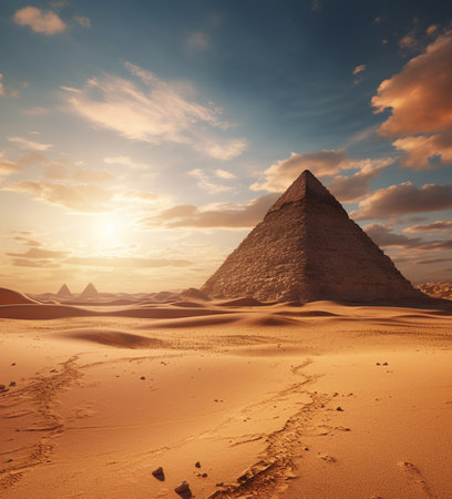 Egyptian pyramids in Giza desert at sunset, Cairo, Egyptの素材
