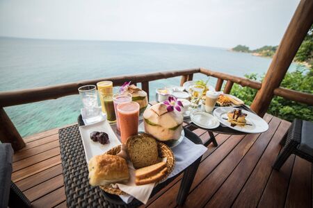 Continental breakfast by the beach in Koh Samui, Thailandの写真素材