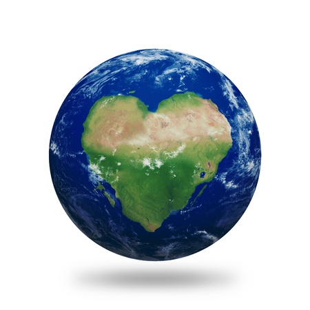 Planet Earth with heart shaped continents and clouds over a starry sky.Contains clipping path of planet.の写真素材