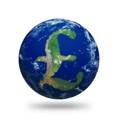 Planet Earth with British Pound sign shaped continents and clouds over a starry sky. の写真素材