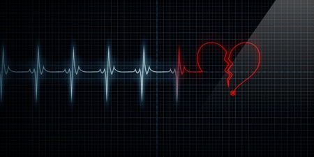 Horizontal Pulse Trace Heart Monitor with the symbol of a red broken heart in line with the pulse. Concept for broken heart or heart attack.の写真素材