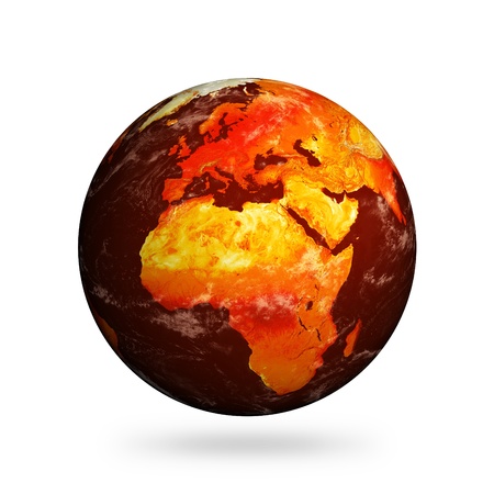 Planet Earth and global warming showing Europe and Africa isolated against white.Clouds and land textures from http://shadedrelief.com.の写真素材