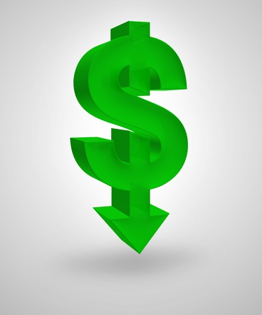 Dollar symbol merged with downward arrow. 3D render. Concept for weak and declining United States dollar or business and financial concept.の写真素材