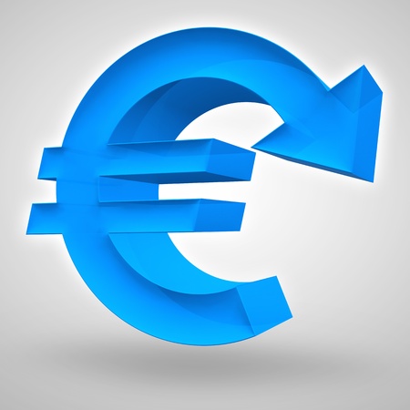 Euro symbol merged with downward arrow. 3D render. Concept for weak and declining European currency or business and financial concept.の写真素材