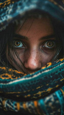 A young woman wraps herself in a thick blanked and hides her face. She is a refugee and is travelling scared. Despite her fear she remains resolved, strong, and perserverent. Her hair is mess and she is dirty. Her haunting eyes and stare tell a story of difficulty, trauma, and survival.の素材