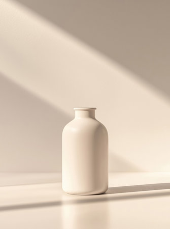 A blank, matte-finish bottle standing on a smooth surface with soft natural lighting and diagonal shadows. The neutral background and clean aesthetic make this ideal for branding, product mockups, or advertising. This image is made with AI.の素材