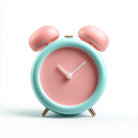 A 3D render of a pastel pink alarm clock with teal body and soft matte texture, designed in a cute and minimal style. The image is isolated on a white background, perfect for user interface graphics, educational visuals, or decorative purposes. This image is made with the help of AI.の素材