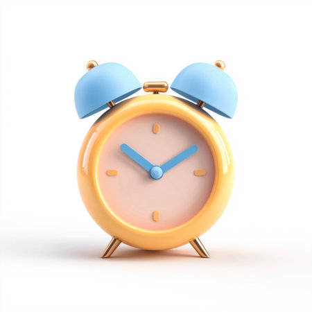 A high-quality 3D rendered alarm clock icon featuring a glossy plastic finish with blue and yellow color accents. The object is isolated on a white background, designed as a playful and modern visual element. This image is made with the help of AI.の素材
